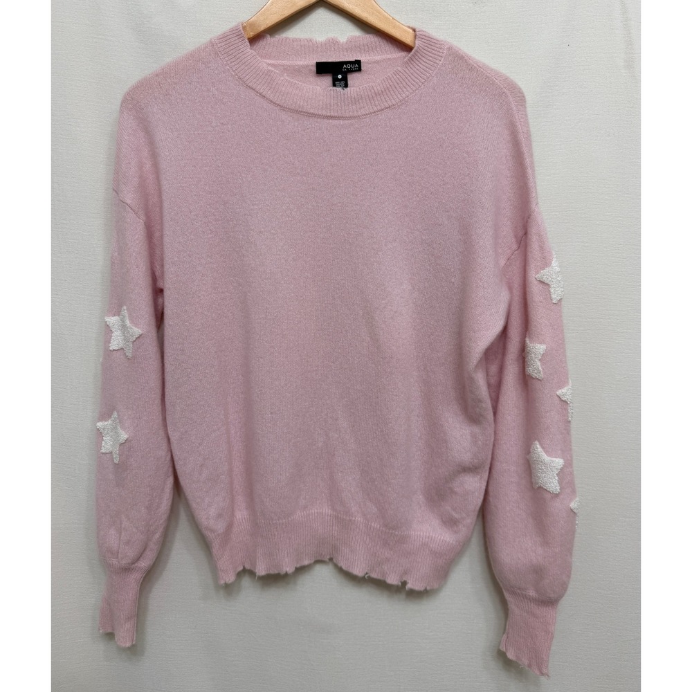 Aqua Women Sweater Pink 100% Cashmere Star Sleeve Distressed Crewneck Small Boho